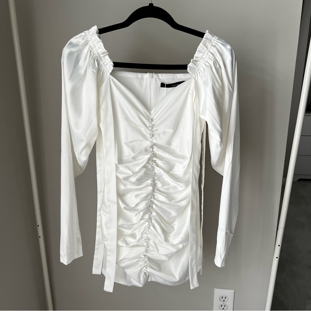 White Ruched Button Ribbon Mini Dress